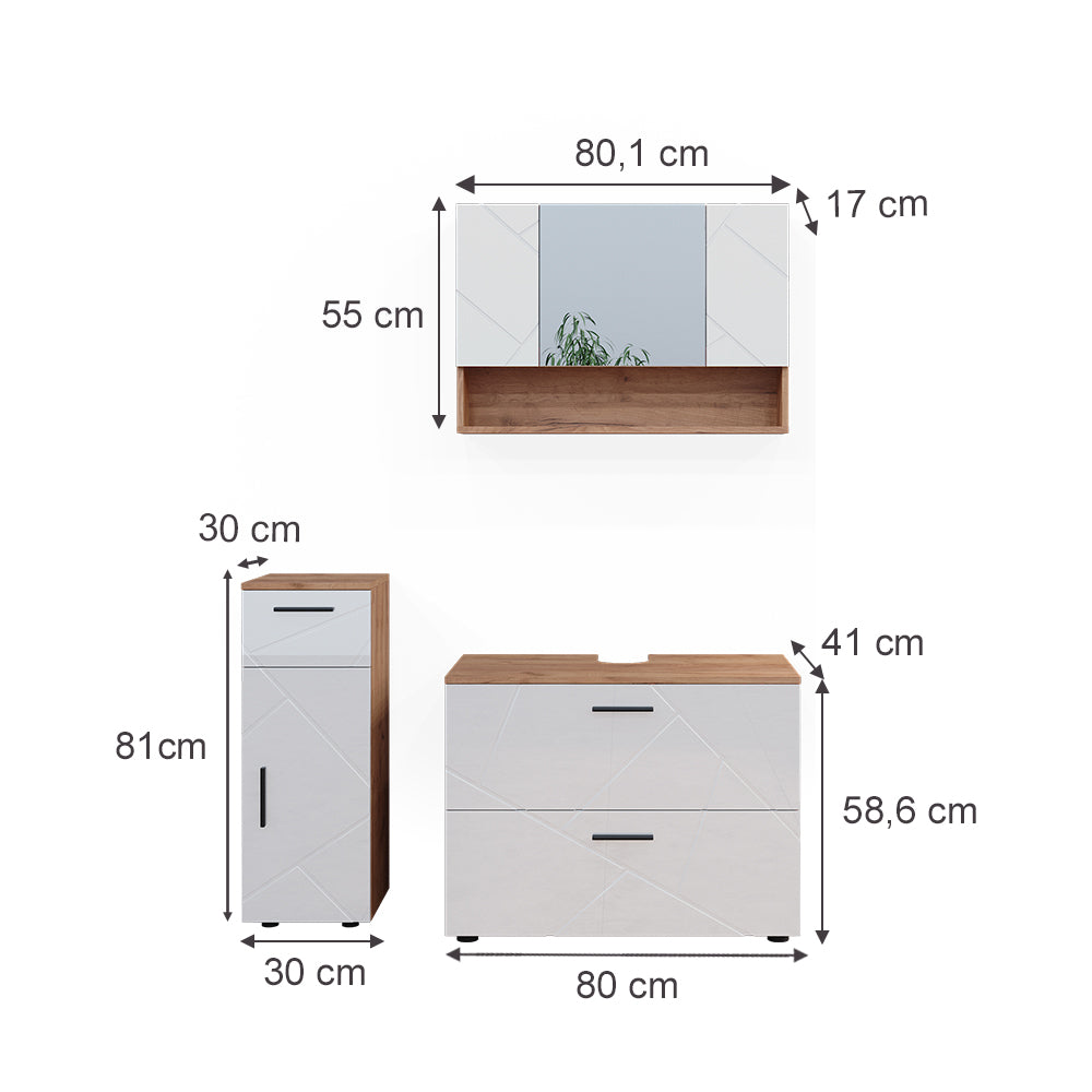 Vicco Set di mobili da bagno Bianco lucido/oro power oak 3 parti, con cassettiera e mobile midi