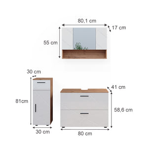 Vicco Set di mobili da bagno Bianco lucido/oro power oak 3 parti, con cassettiera e mobile midi