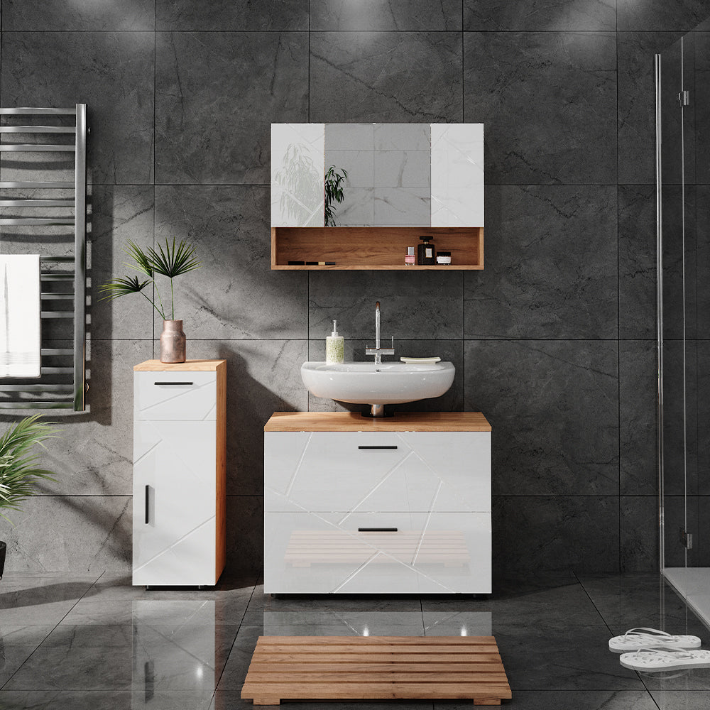 Vicco Set di mobili da bagno Bianco lucido/oro power oak 3 parti, con cassettiera e mobile midi