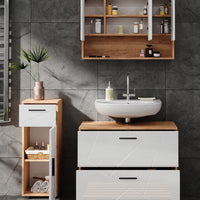 Vicco Set di mobili da bagno Bianco lucido/oro power oak 3 parti, con cassettiera e mobile midi