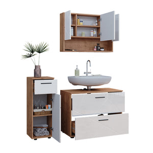 Vicco Set di mobili da bagno Bianco lucido/oro power oak 3 parti, con cassettiera e mobile midi