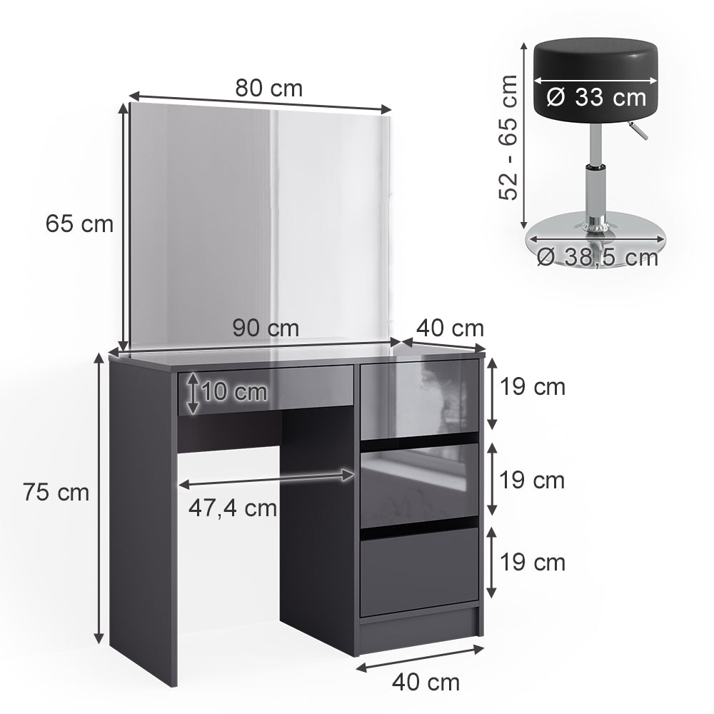 Vicco Tavolo da toeletta Antracite 40 cm con sgabello