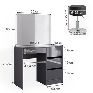 Vicco Tavolo da toeletta Antracite 40 cm con sgabello