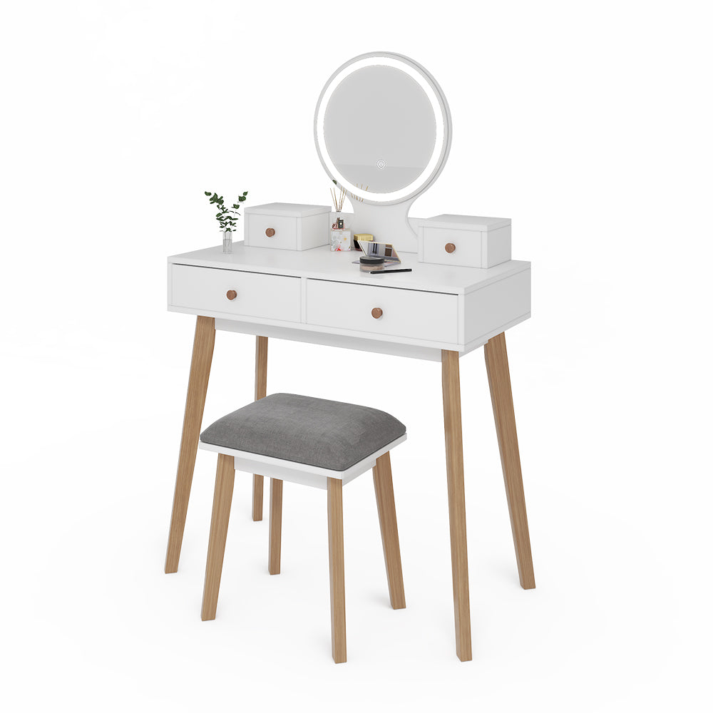 Vicco Tavolo da toeletta Bianco 80 cm con specchio LED e sgabello