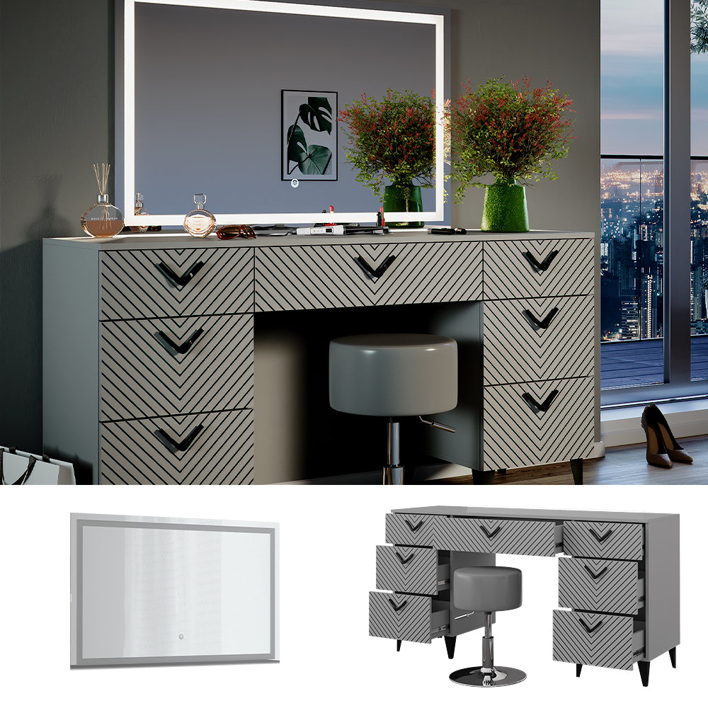 Vicco Tavolo da toeletta Grigio 150 cm con specchio LED e sgabello