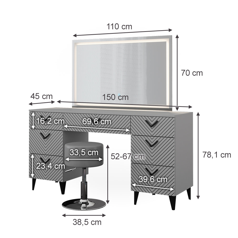 Vicco Tavolo da toeletta Grigio 150 cm con specchio LED e sgabello