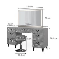 Vicco Tavolo da toeletta Grigio 150 cm con specchio LED e sgabello