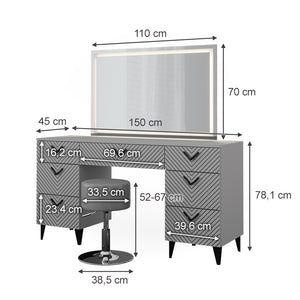 Vicco Tavolo da toeletta Grigio 150 cm con specchio LED e sgabello