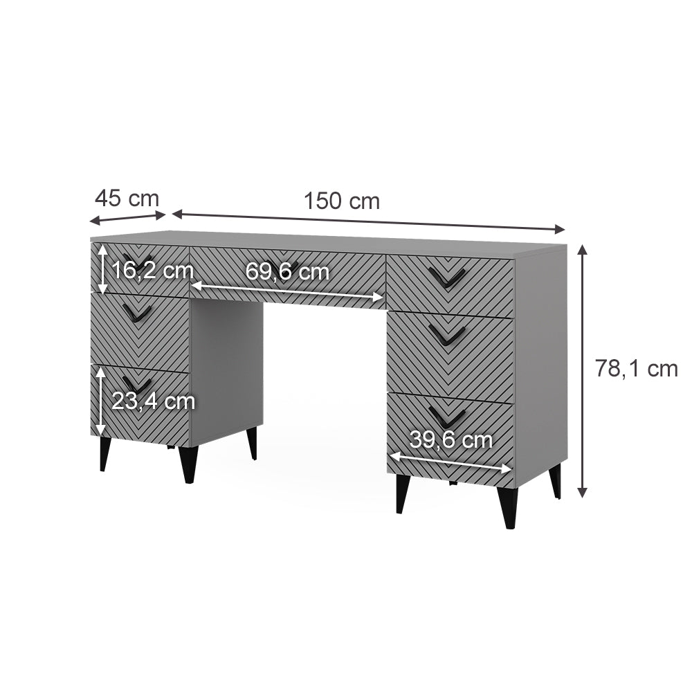 Vicco Tavolo da toeletta Grigio 150 cm senza specchio, con 7 cassetti