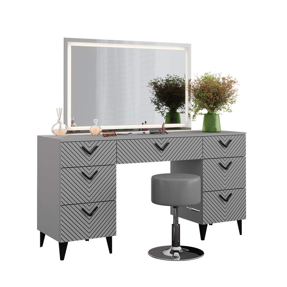 Vicco Tavolo da toeletta Grigio 150 cm con specchio LED e sgabello