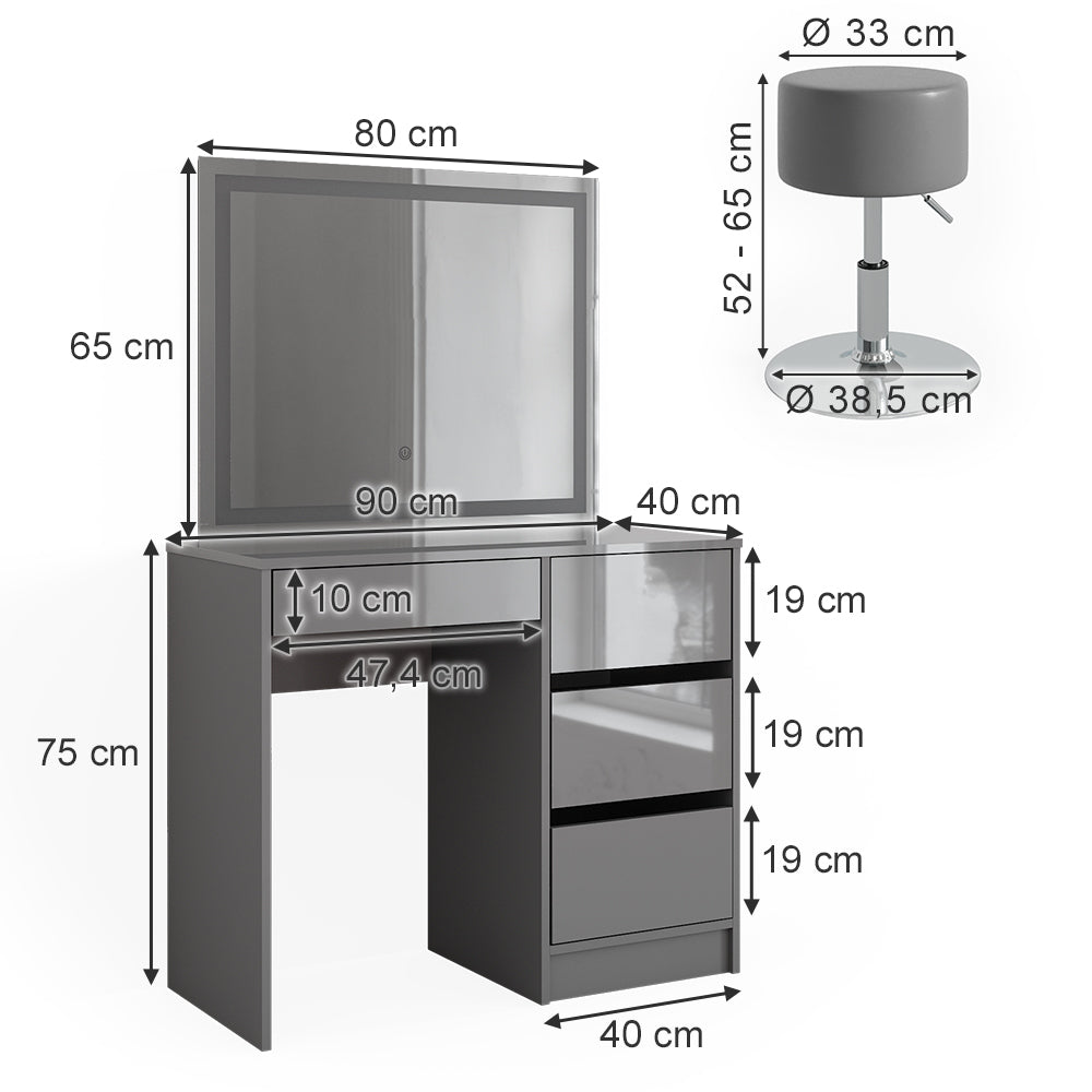 Vicco Tavolo da toeletta Grigio 40 cm con specchio LED e sgabello