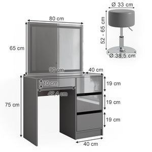 Vicco Tavolo da toeletta Grigio 40 cm con specchio LED e sgabello