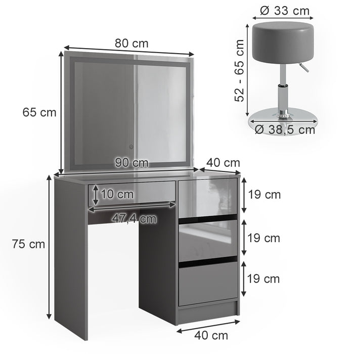 Vicco Tavolo da toeletta Grigio 40 cm con specchio LED e sgabello