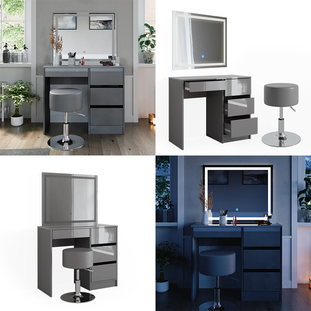 Vicco Tavolo da toeletta Grigio 40 cm con specchio LED e sgabello
