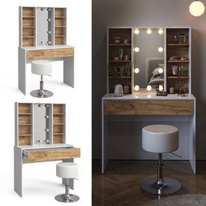 Vicco Tavolo da toeletta Quercia dorata/bianco 93 cm con illuminazione LED e sgabello