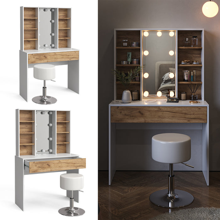 Vicco Tavolo da toeletta Quercia dorata/bianco 93 cm con illuminazione LED e sgabello