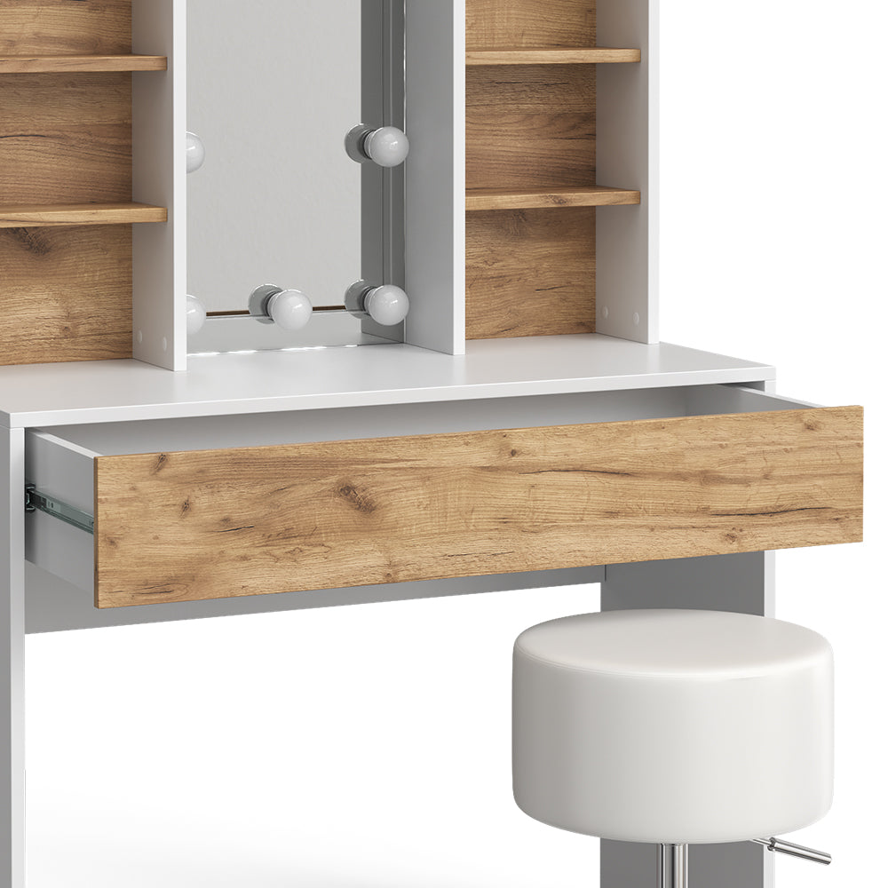 Vicco Tavolo da toeletta Quercia dorata/bianco 93 cm con illuminazione LED e sgabello