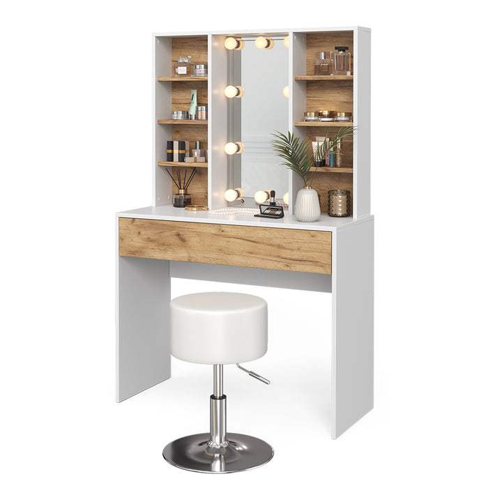 Vicco Tavolo da toeletta Quercia dorata/bianco 93 cm con illuminazione LED e sgabello
