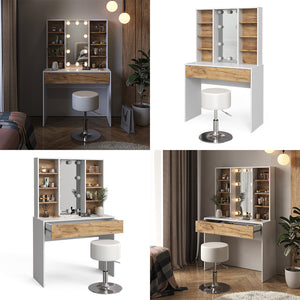 Vicco Tavolo da toeletta Quercia dorata/bianco 93 cm con illuminazione LED e sgabello