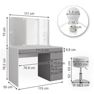 Vicco Tavolo da toeletta Bianco/grigio/grigio 115 cm con illuminazione LED e sgabello