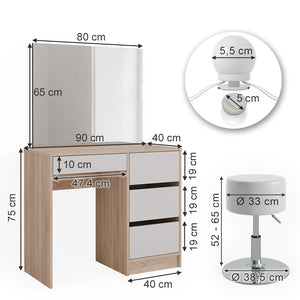 Vicco Tavolo da toeletta Sonoma 40 cm con illuminazione a LED e sgabello