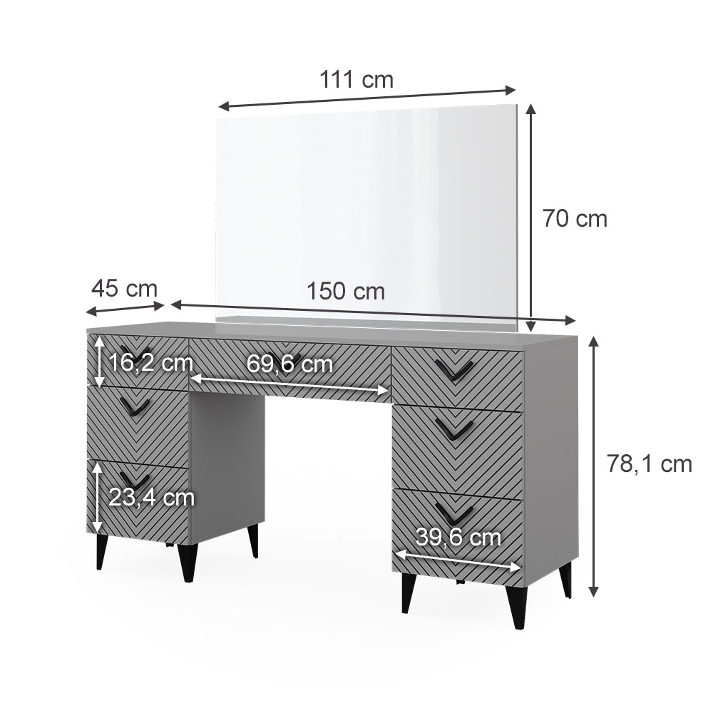 Vicco Tavolo da toeletta Grigio 150 cm con 7 cassetti