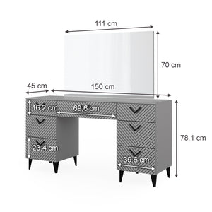 Vicco Tavolo da toeletta Grigio 150 cm con 7 cassetti
