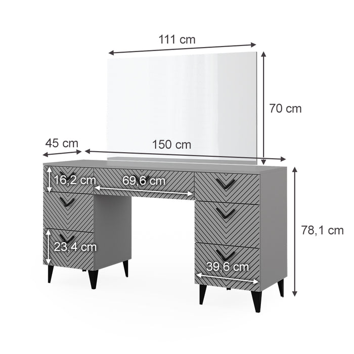 Vicco Tavolo da toeletta Grigio 150 cm con 7 cassetti