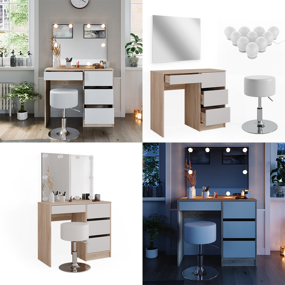 Vicco Tavolo da toeletta Sonoma 40 cm con illuminazione a LED e sgabello