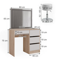 Vicco Tavolo da toeletta Sonoma 40 cm con specchio LED e sgabello