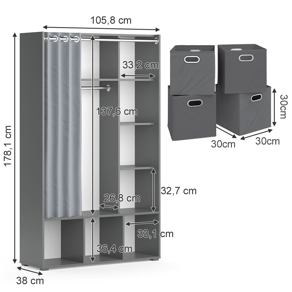 Vicco Armadio multifunzione Grigio 38 x 178.1 cm Con cassetti pieghevoli (grigio)