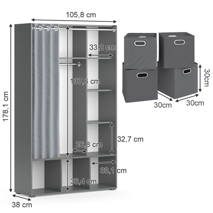 Vicco Armadio multifunzione Grigio 38 x 178.1 cm Con cassetti pieghevoli (grigio)