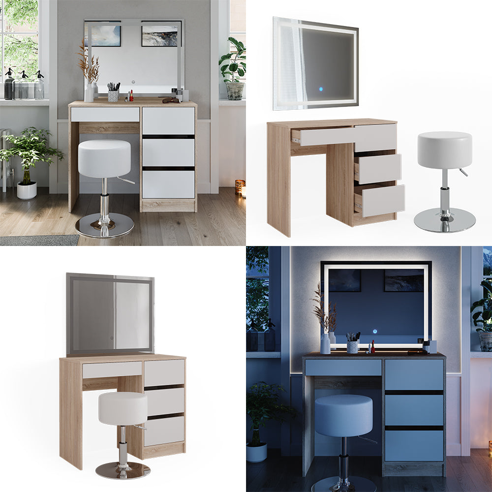 Vicco Tavolo da toeletta Sonoma 40 cm con specchio LED e sgabello
