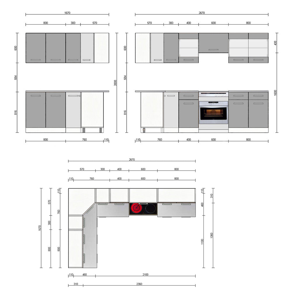 Vicco Cucina angolare completa Bianco/bianco lucido 267 x 167 cm , PL Marmo