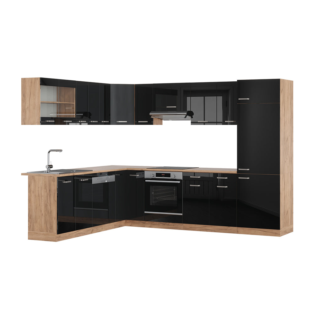 Vicco Cucina angolare completa Rovere nero/oro lucido 227 x 287 cm senza piano di lavoro