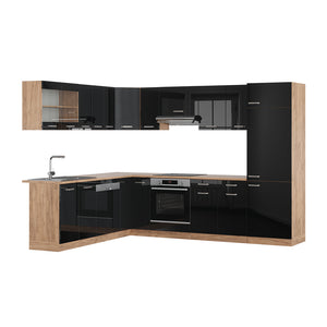 Vicco Cucina angolare completa Rovere nero/oro lucido 227 x 287 cm senza piano di lavoro