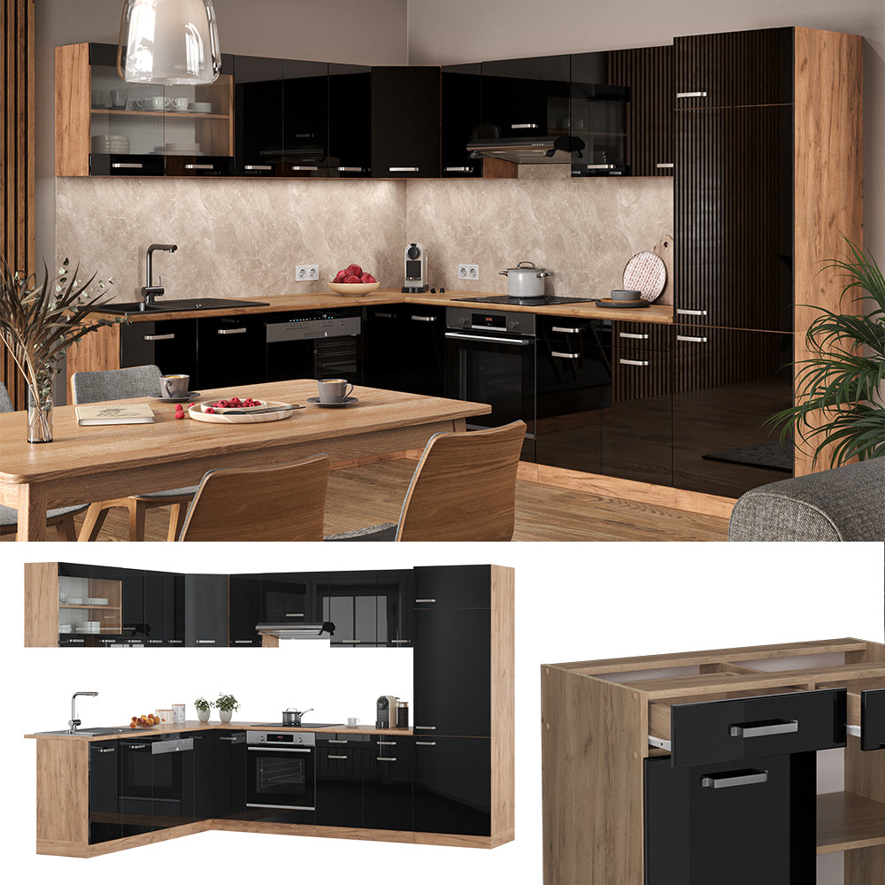 Vicco Cucina angolare completa Rovere nero/oro lucido 227 x 287 cm , PL Rovere