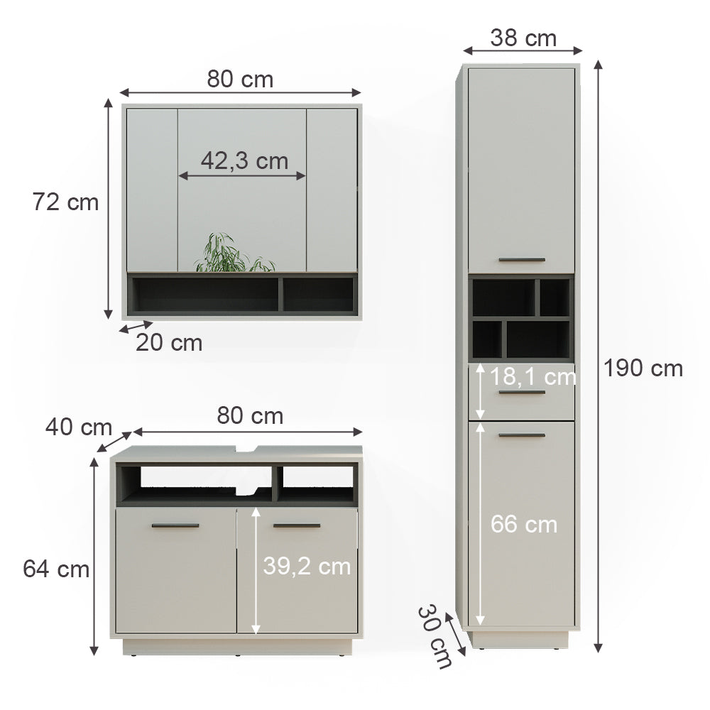 Vicco Set di mobili da bagno Grigio 3 parti, con colonna