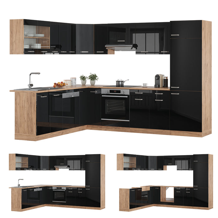 Vicco Cucina angolare completa Rovere nero/oro lucido 227 x 287 cm senza piano di lavoro