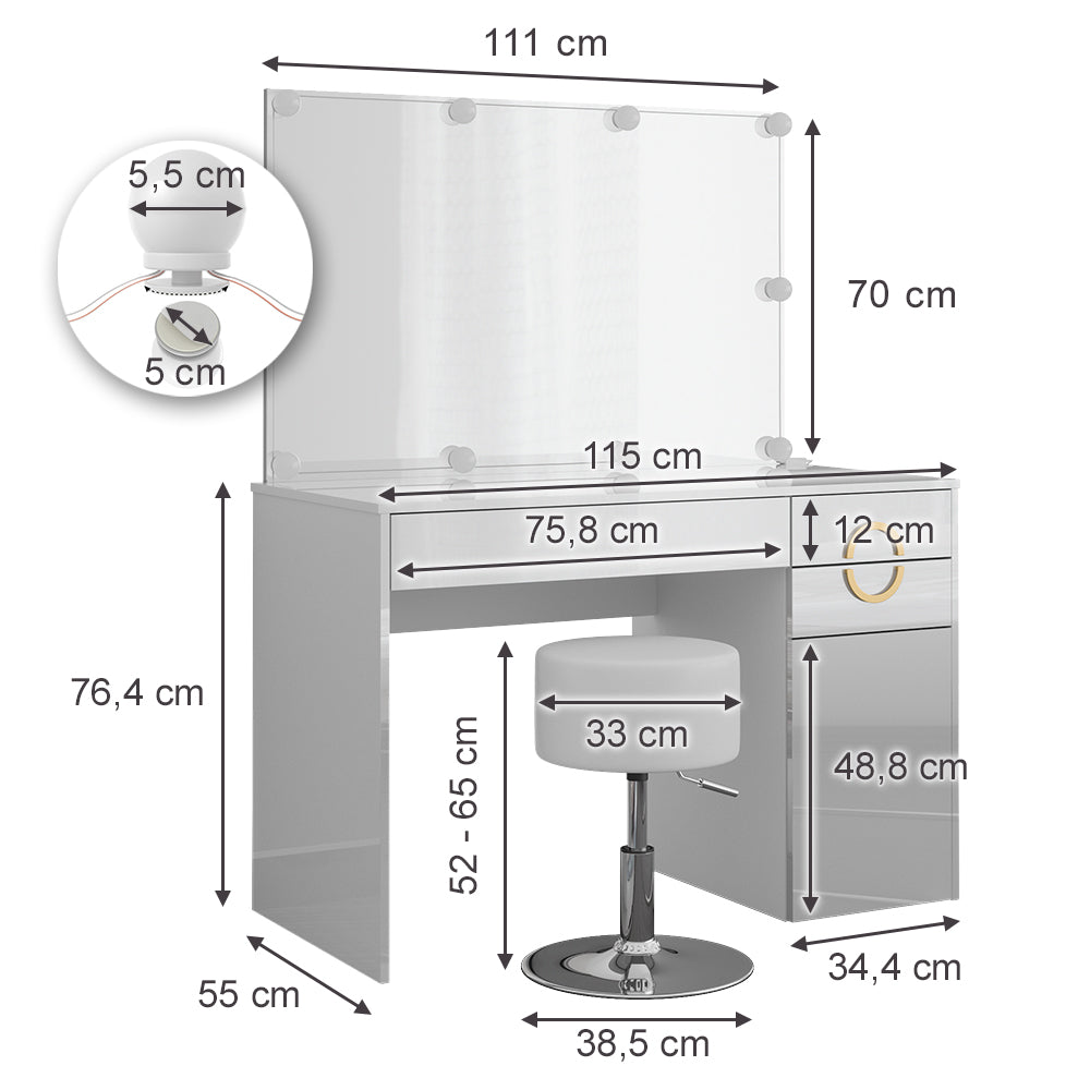 Vicco Tavolo da toeletta Bianco 115 cm con illuminazione LED e sgabello