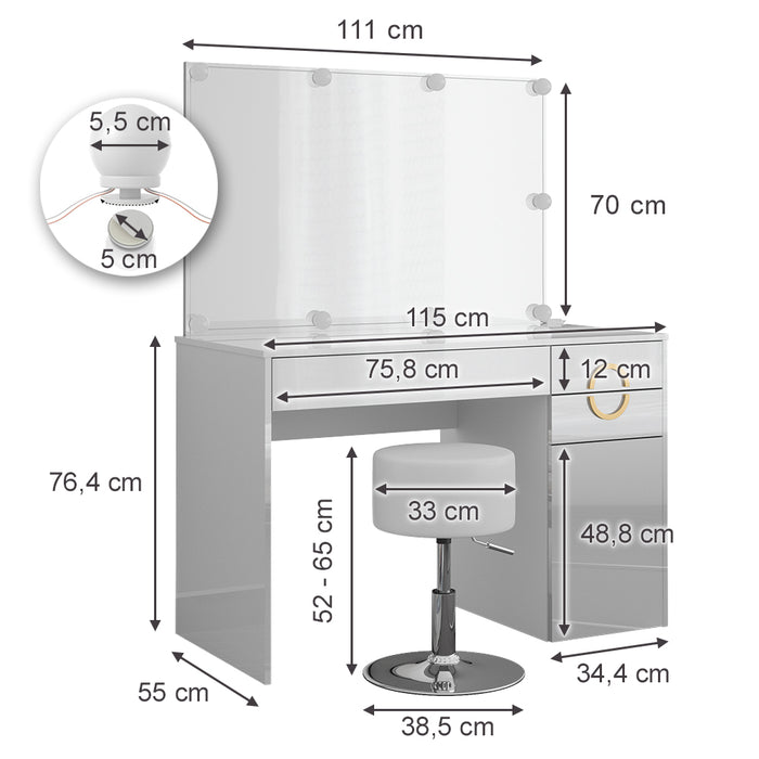 Vicco Tavolo da toeletta Bianco 115 cm con illuminazione LED e sgabello