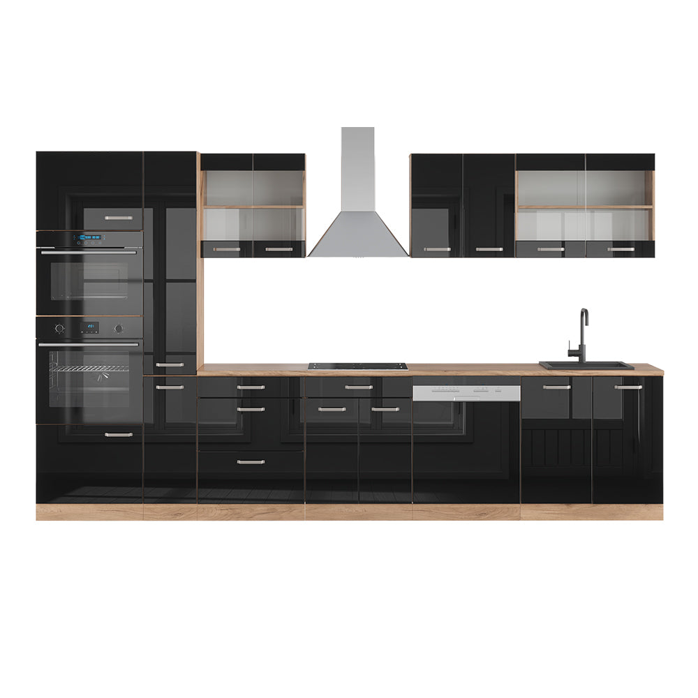 Vicco Cucina componibile Nero lucido 350 cm con armadio alto, PL Rovere