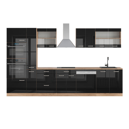 Vicco Cucina componibile Nero lucido 350 cm con armadio alto, PL Rovere