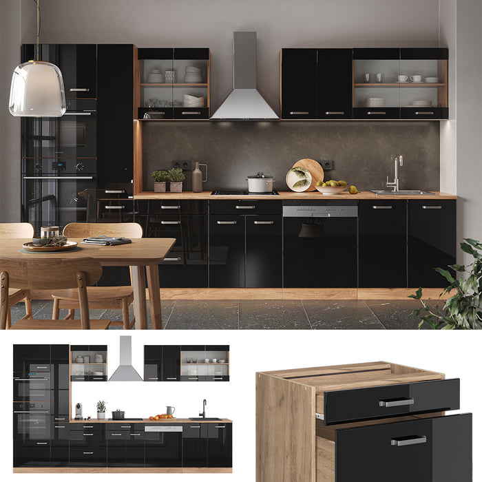 Vicco Cucina componibile Nero lucido 350 cm con armadio alto, PL Rovere