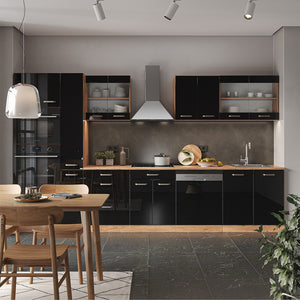 Vicco Cucina componibile Rovere nero/oro lucido 350 cm con colonna, piano di lavoro antracite