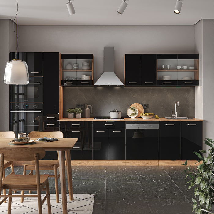 Vicco Cucina componibile Nero lucido 350 cm con armadio alto, PL Rovere