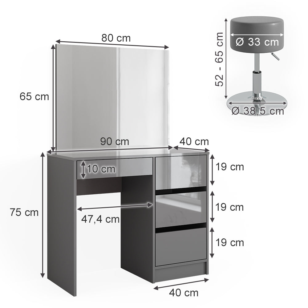 Vicco Tavolo da toeletta Grigio 40 cm con sgabello