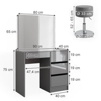 Vicco Tavolo da toeletta Grigio 40 cm con sgabello