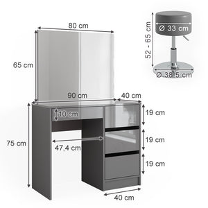Vicco Tavolo da toeletta Grigio 40 cm con sgabello