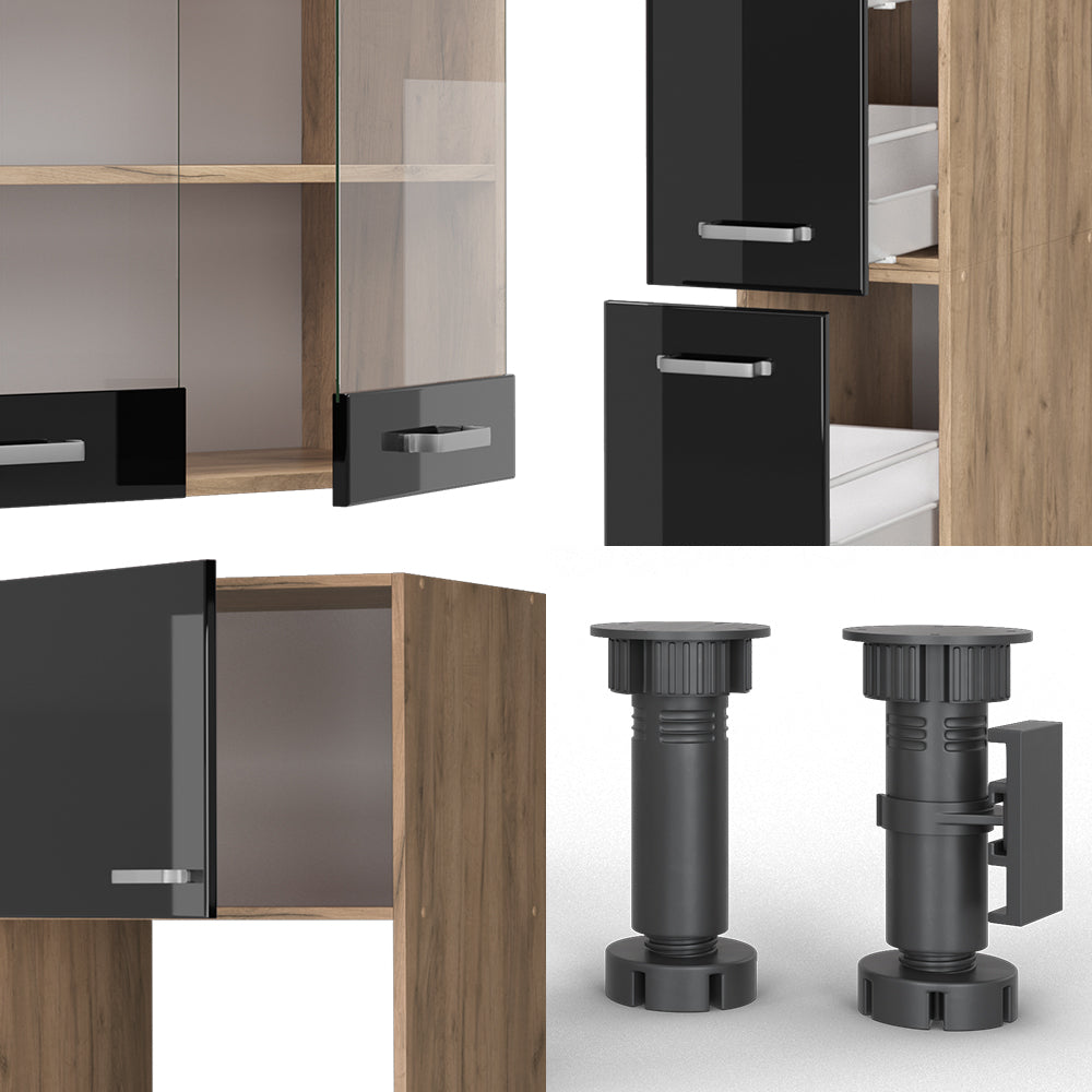 Vicco Cucina componibile Nero lucido 350 cm con armadio alto, PL Rovere